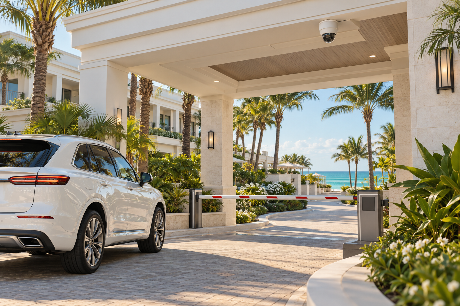 Illustrative coastal resort entrance with a barrier gate and a dome security camera